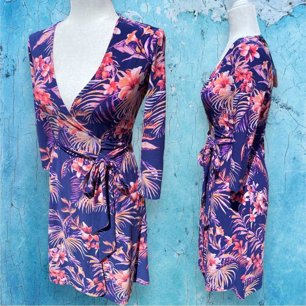 *SOLD* Tori Richard Jolene Golden Hour Wrap V-neck Dress Blue Pink Purple XXS - Picture 4 of 6